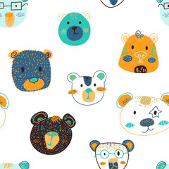 Seamless pattern with hand drawn cute bear characters. Childish adorable texture with cartoon bears. Vector illustration