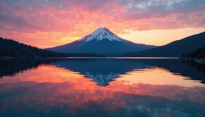 Reflection of volcano on serene lake surface at dawn, natural, sky, reflection