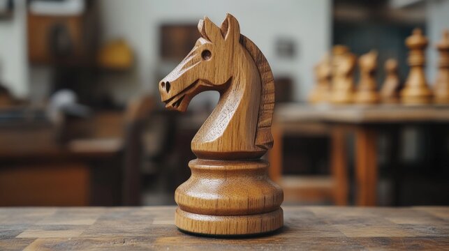 Close-up of a handcrafted wooden chess knight piece on a wooden table.