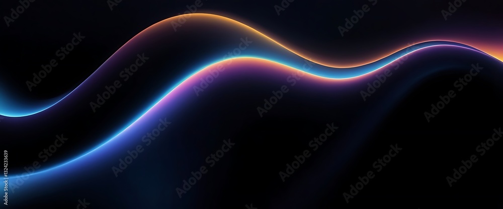 Poster abstract fluid 3d render with a black background and holographic, iridescent neon curved wave in mot
