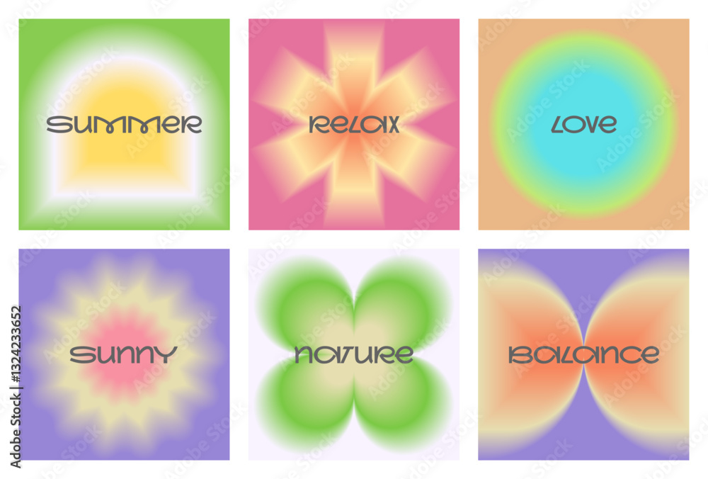 Poster set of trendy summer gradient backgrounds. geometric abstract pastel pattern. blurred light effect. 