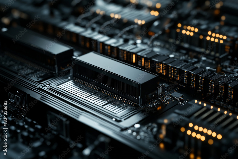 Poster closeup view of a modern computer motherboard with integrated circuit components and technological
