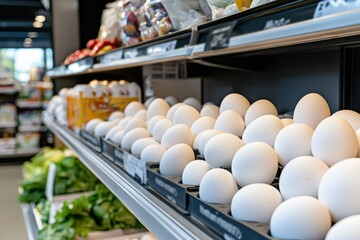 A clean and organized display of fresh white eggs on a grocery store shelf, highlighting the variety and accessibility of farm-fresh products for consumers.