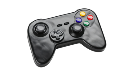Black gamepad controller floating on transparent background
