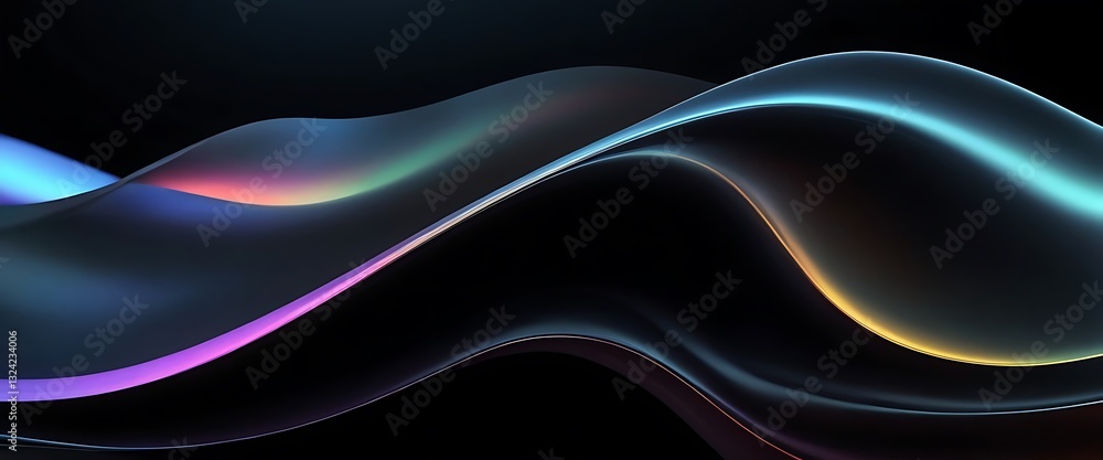Poster abstract fluid 3d render with a black background and holographic, iridescent neon curved wave in mot