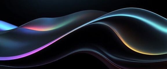 Abstract fluid 3D render with a black background and holographic, iridescent neon curved wave in motion.Abstract fluid iridescent holographic curved wave in motion colorful background,012