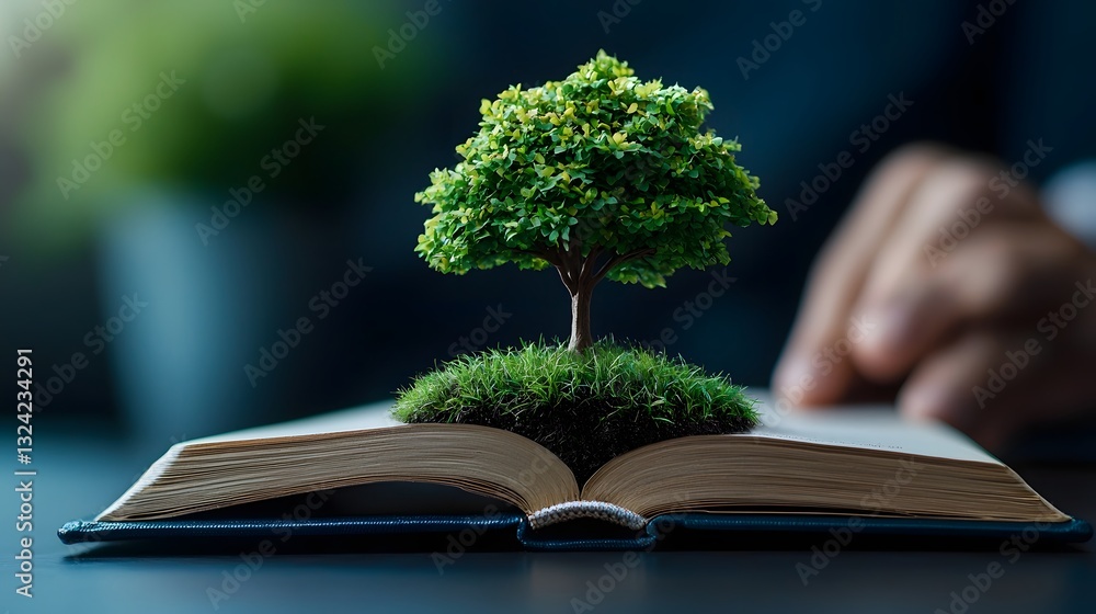 Poster an open book with a lush green tree growing from its pages symbolizing the harmony between knowledge