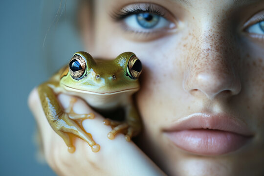 A close-up of a person&rsquo;s face with striking blue eyes and freckles, holding a green frog gently in their hand.