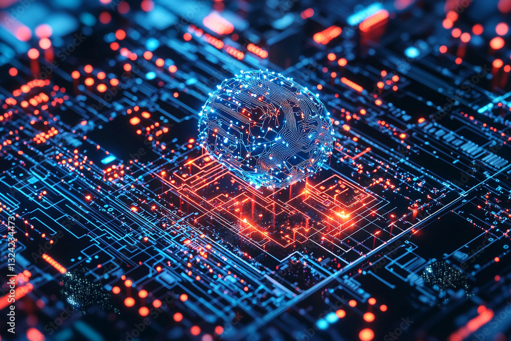 Poster abstract digital brain sphere on circuit board technology network red data blue cyber lines nodes