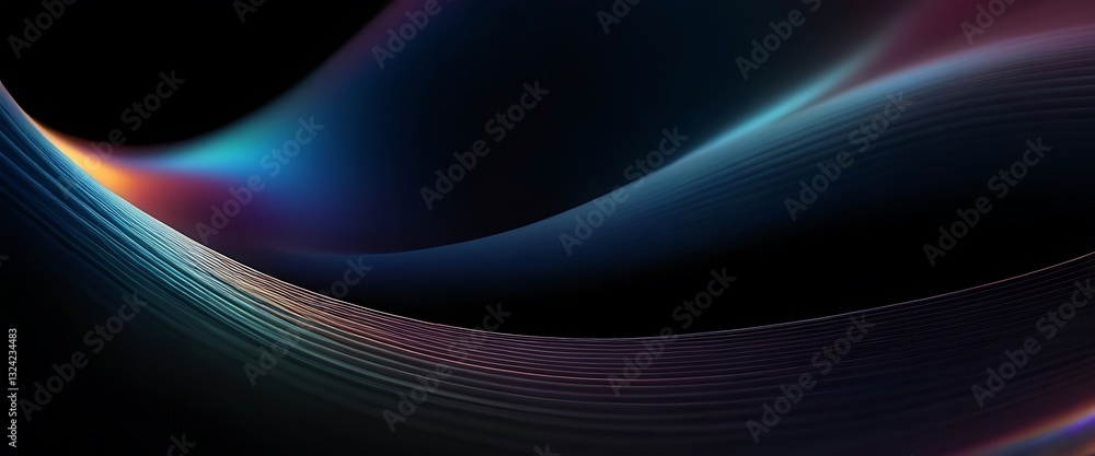 Poster abstract fluid 3d render with a black background and holographic, iridescent neon curved wave in mot