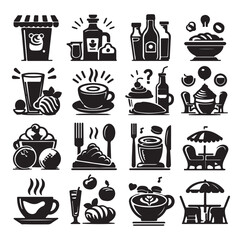 Silhouette icon set of cafe icons, restaurant icon, food and drink icon vector style on white background.