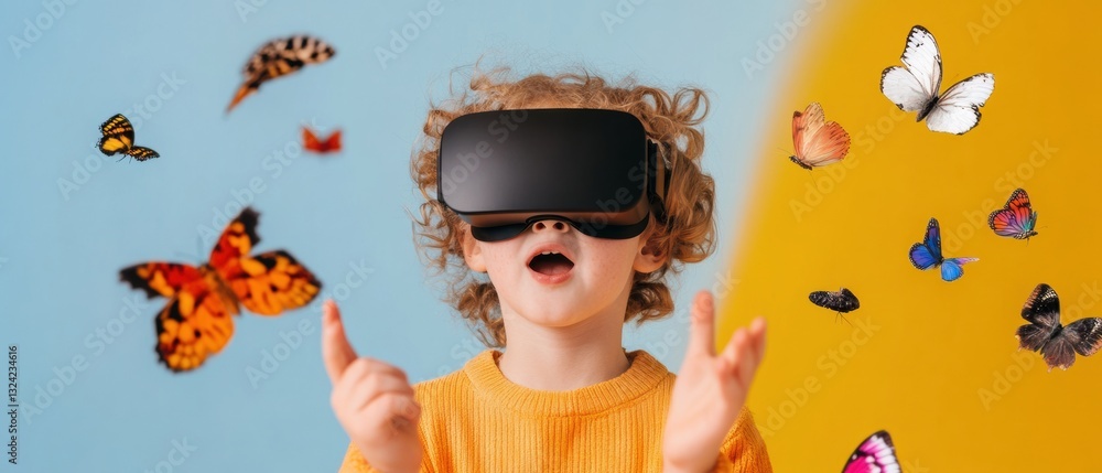 Poster immersive learning revolution gen z child exploring mixed reality with vibrant digital butterflies -