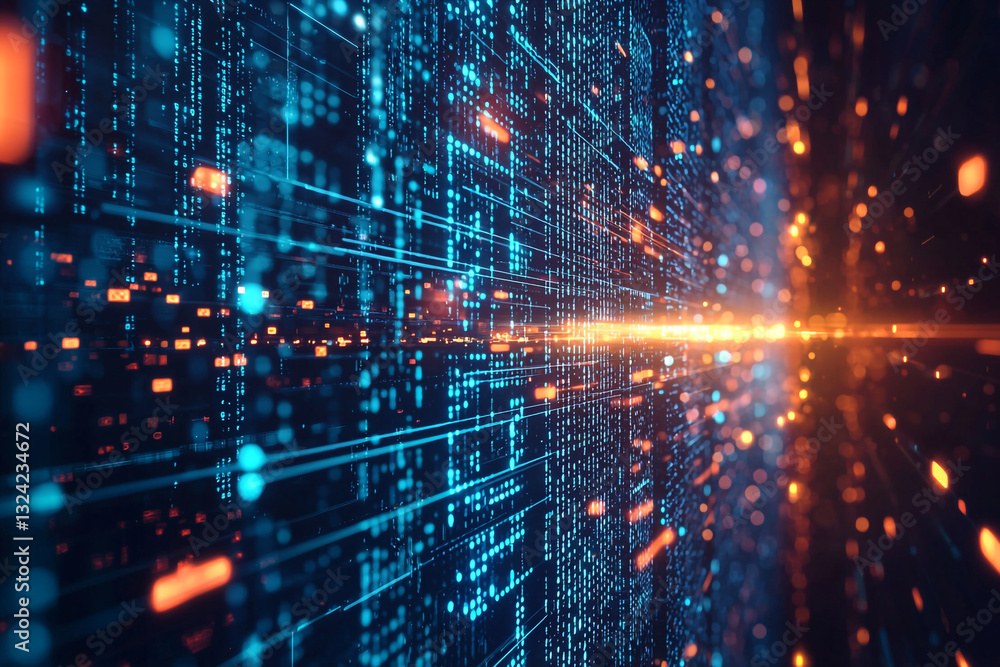 Poster abstract digital data stream background blue orange technology web code cyber lines future binary