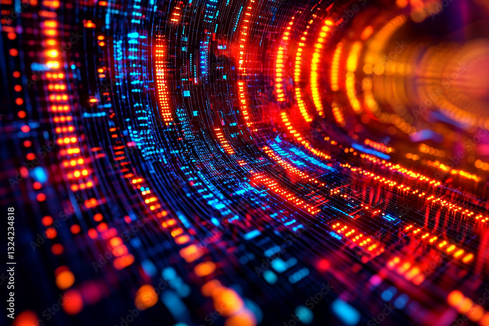 Poster abstract digital data stream tunnel red blue orange technology background code cyber lines light