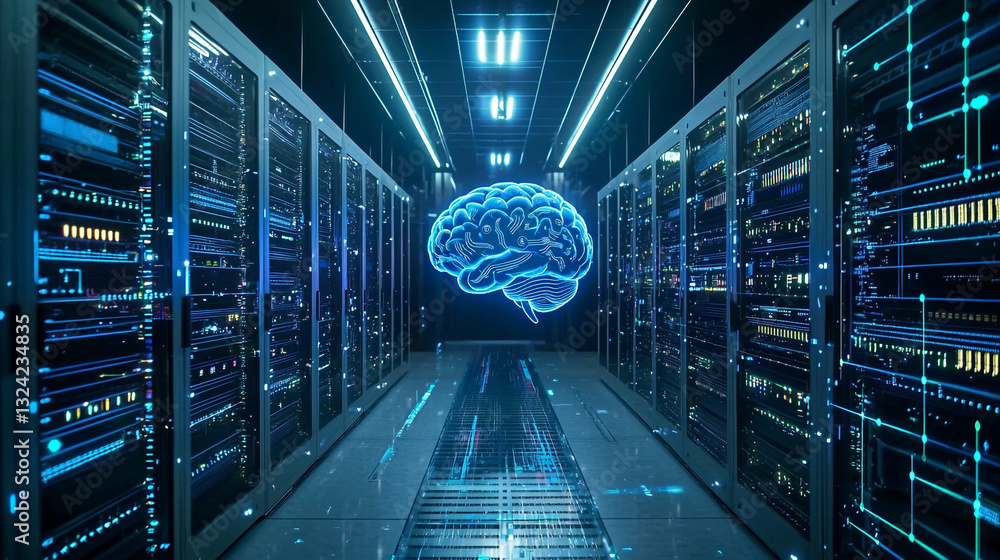 Aufkleber abstract digital brain in modern server room data center web blue light cloud future network science