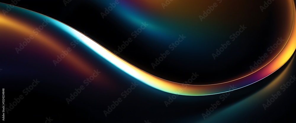Poster abstract fluid 3d render with a black background and holographic, iridescent neon curved wave in mot