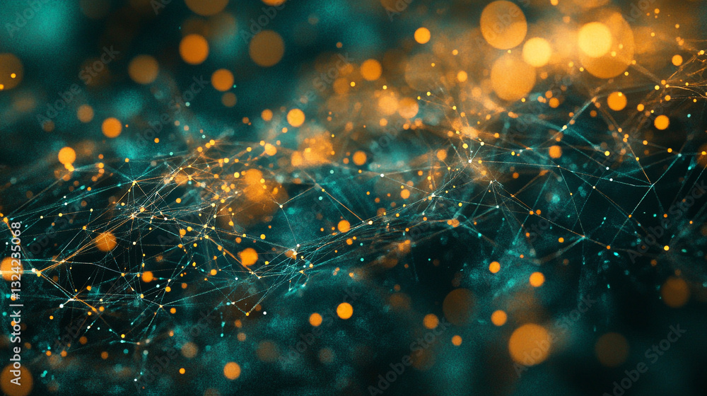 Poster abstract network connection digital technology background orange teal web data dots mesh lines nodes