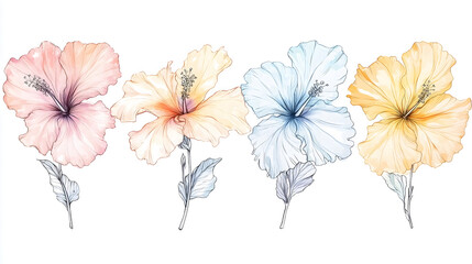 Watercolor Accents Line Art of Hibiscus Flowers Displayed Elegantly