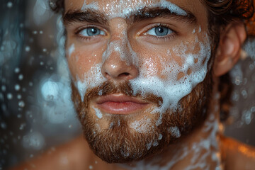 Fototapeta premium Man shaving facial hair with electric razor in sleek bathroom setting maintaining sharp appearance. Concept of grooming routine.