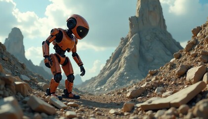 Mechanical android inspecting remains of a collapsed structure, futuristic, mechanical, inspecting