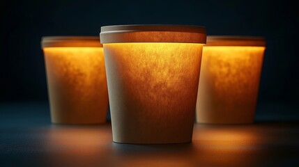 Modern food packaging design featuring illuminated cups in a dark setting for contemporary dining experiences
