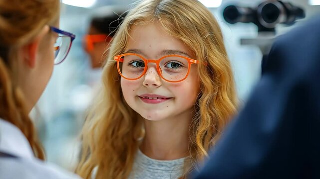 Schoolgirl wearing glasses after an optician checks her vision and makes a recommendation