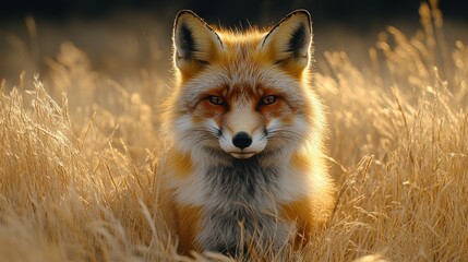 Obraz premium Red fox in tall golden grass at sunset, looking directly at camera.