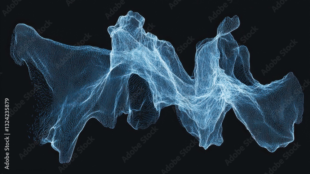 Poster a flowing abstract wave of glowing blue halftone particles against a dark background, resembling big