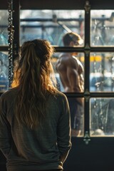 Fototapeta premium A woman admiring a man as he works out, maintaining focus on his fitness goals