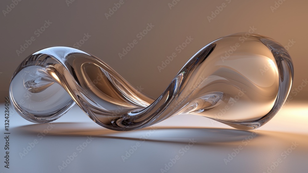 Poster a flowing glass-like ribbon with a crystal-clear texture, twisting and turning in an abstract minima
