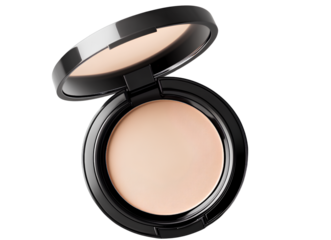 An ultra-realistic photograph of an open powder compact, featuring a light beige foundation inside. The compact is isolated on a transparent background