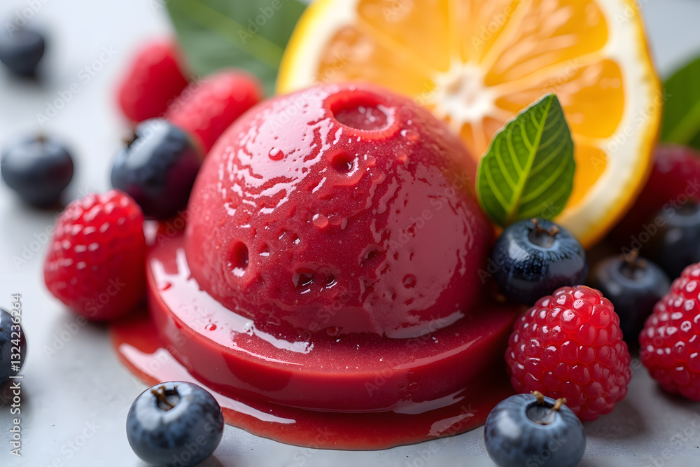 Poster vibrant red sorbet garnished with fresh berries and orange slices on a sleek surface, creating a ref