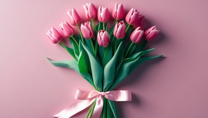 Obraz premium Pink Tulip Bouquet on Pink Background Spring Flowers