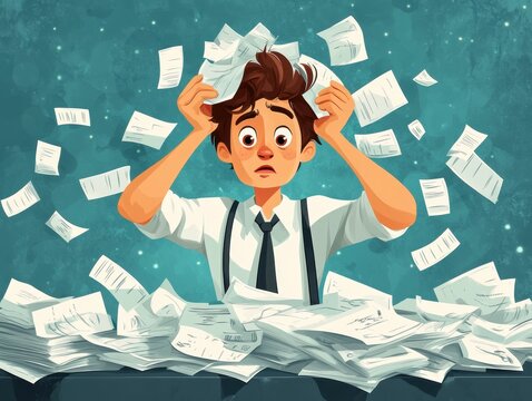 A stressed man surrounded by a chaotic pile of receipts, expressing anxiety and overwhelm in a colorful, cartoonish style.