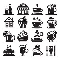 Silhouette icon set of cafe icons, restaurant icon, food and drink icon vector style on white background.