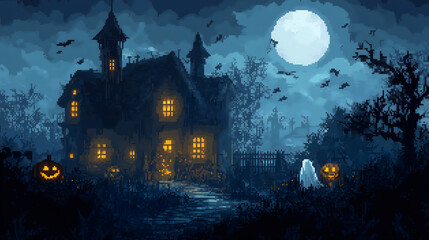 Spooky Pixel Art Wallpaper of a Haunted House With Ghosts