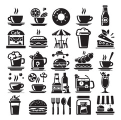 Fototapeta premium Silhouette icon set of cafe icons, restaurant icon, food and drink icon vector style on white background.