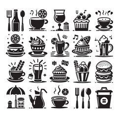 Silhouette icon set of cafe icons, restaurant icon, food and drink icon vector style on white background.