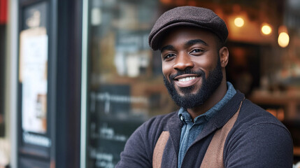 Happy smiling black man wearing brown newsboy cap portrait face male city cool style model beard