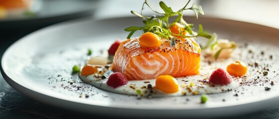 A beautifully plated dish featuring salmon, garnished with herbs, fruits, and sauces, showcasing vibrant colors and elegant presentation.