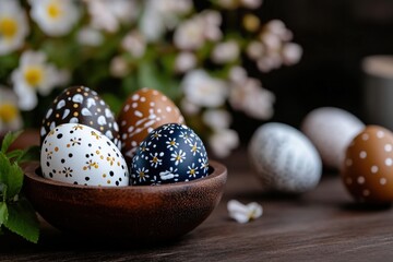 Obraz premium A beautiful display of decorative Easter eggs resting in a wooden bowl surrounded by delicate flowers, symbolizing the joy and celebration of Easter festivities.