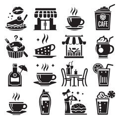 Silhouette icon set of cafe icons, restaurant icon, food and drink icon vector style on white background.