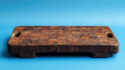 A weathered wooden cutting board, its surface adorned with a mosaic of natural cracks and grains, lay ready on a pristine blue backdrop, inviting the touch of a culinary artist.