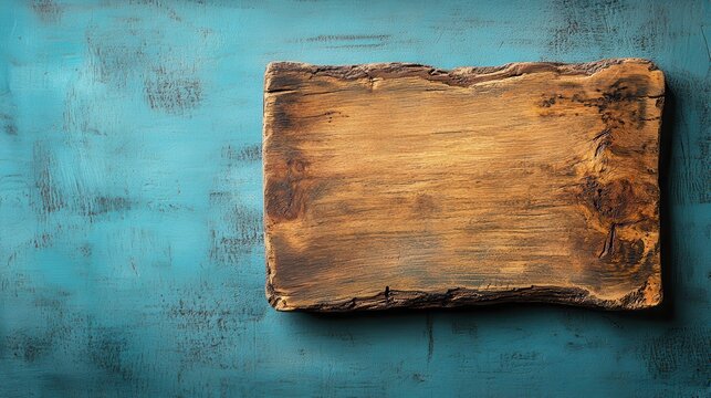A weathered wooden cutting board, its surface adorned with a mosaic of natural cracks and grains, lay ready on a pristine blue backdrop, inviting the touch of a culinary artist.