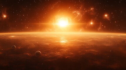 Fiery alien sunset, planets, space, nebula