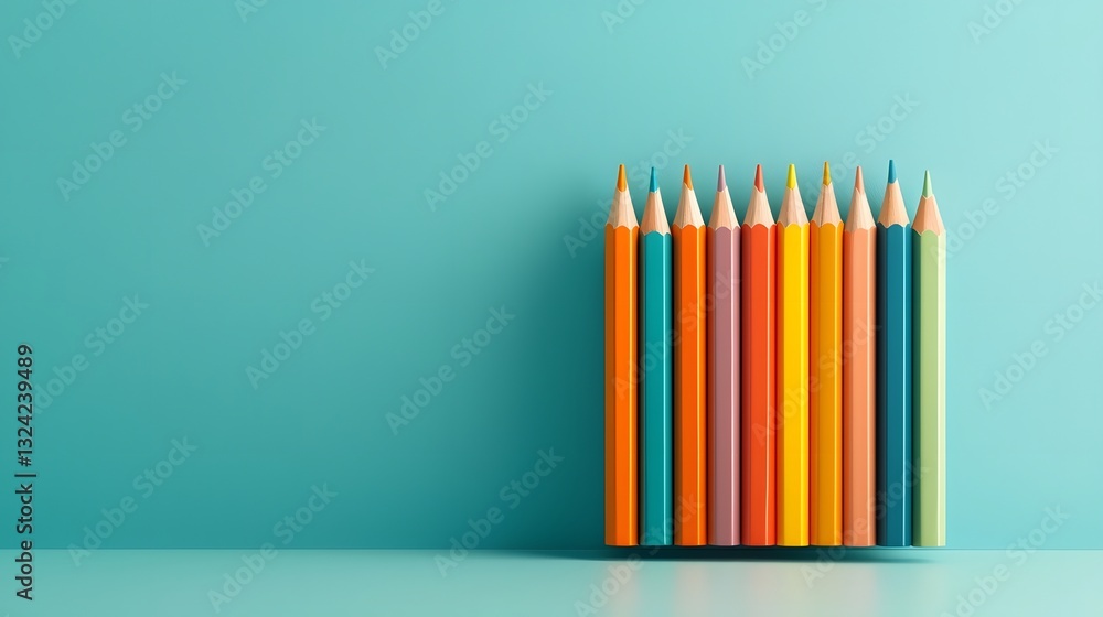 Aufkleber assorted colored pencils pens and notebooks gently floating on a tranquil pastel blue surface creati
