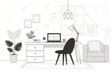 A modern, minimalist home office featuring a desk, chair, plants, and natural light, creating a serene workspace atmosphere.