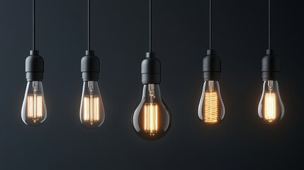 Five hanging Edison bulbs, showing stages of illumination against a dark background.