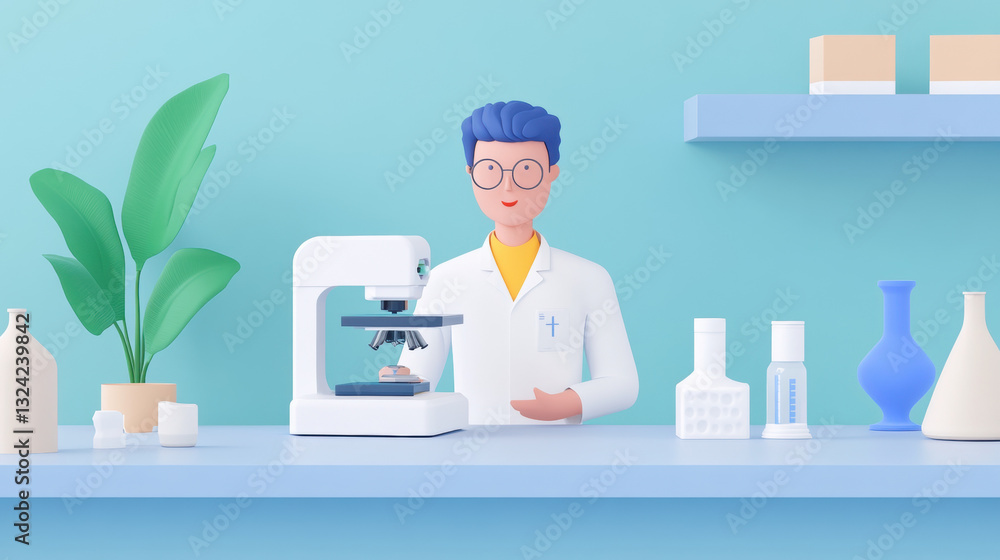 Poster laboratory, a scientist uses a 3d printer to create a model in a laboratory setting.