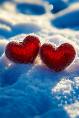 Fototapeta premium Two red hearts in the snow